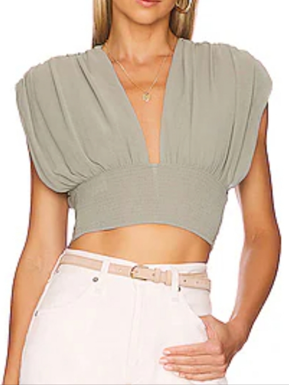 Free People Light Olive Ruched V-Neck Crop Top with Tie